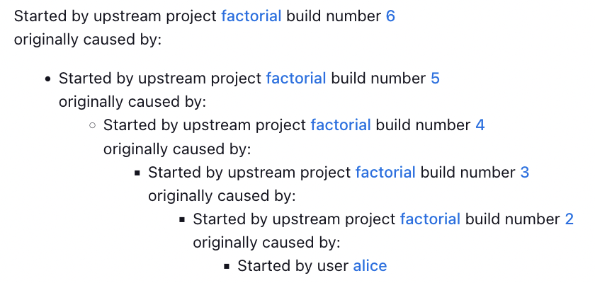 Screenshot of Jenkins build page that shows build jobs triggered recursively